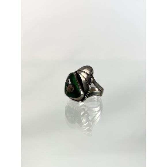 Vintage Accessories - Jewelry - Silver Ring Green Stone w Crystals - Size 6.25 - Picture 1 of 8